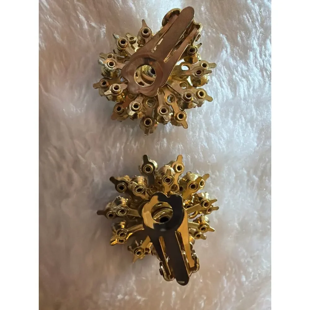 Vintage AB Rhinestone Clip On Earrings Aurora Borealis Starburst Gold Tone Round